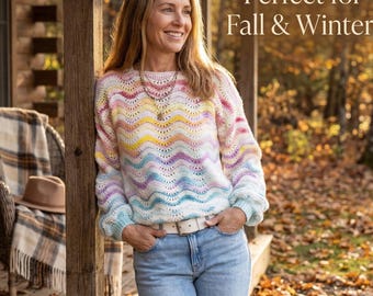 Boho Ripple Wave Crochet Sweater Pattern | Oversized Women Pullover (PDF Download)