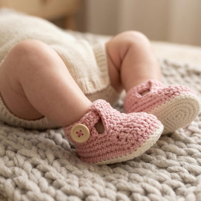 May include: Pink crochet baby shoes with a button fastening and white soles. The shoes are on a soft, textured surface. These baby shoes are a charming accessory for newborns.