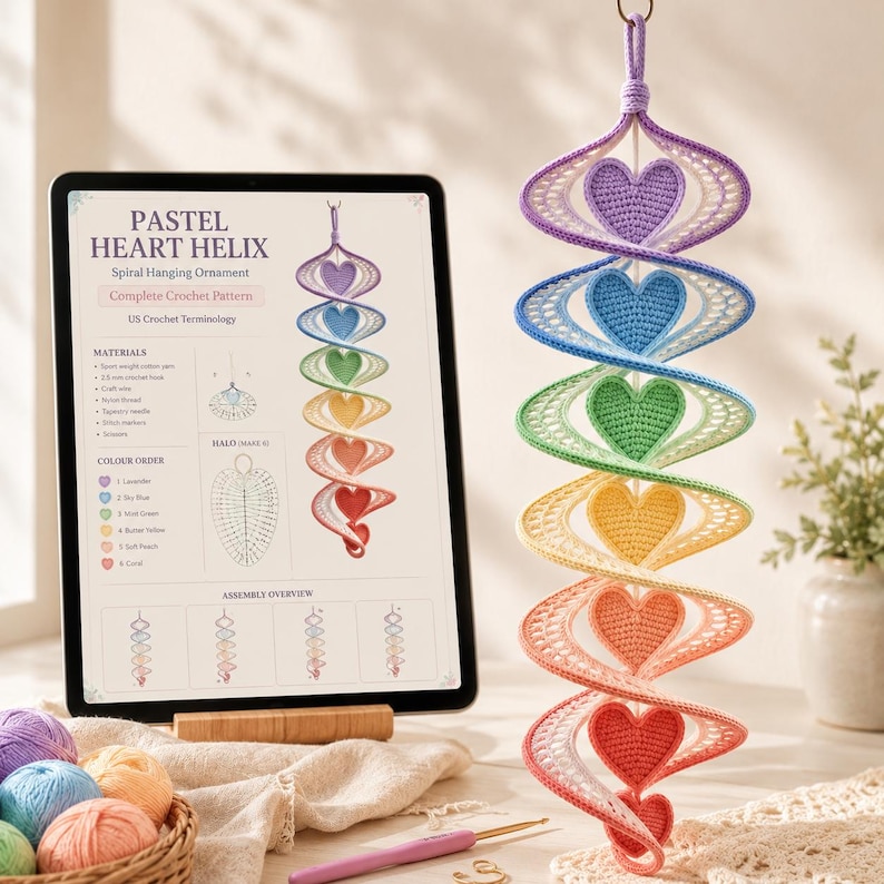 May include: A crochet pattern for a pastel heart helix hanging ornament displayed on a tablet, alongside a physical version of the spiral ornament featuring six hearts in lavender, blue, green, yellow, peach, and coral yarn colors.