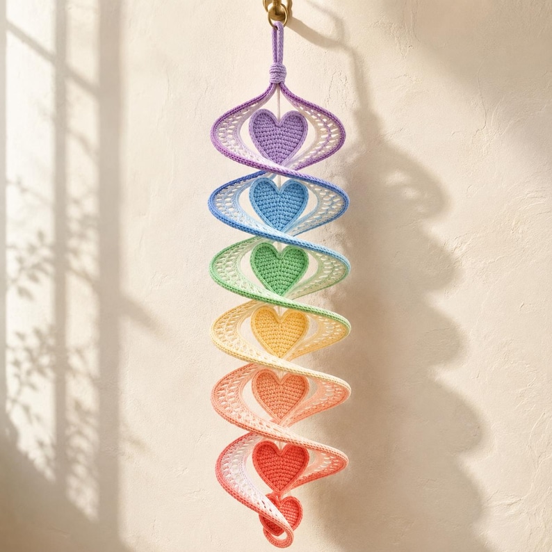 May include: A vertical hanging spiral decoration made of crocheted yarn featuring a gradient of colors including purple, blue, green, yellow, orange, and red. Each section of the spiral contains a solid crocheted heart in a matching color.