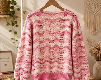 Boho Ripple Wave Crochet Sweater Pattern | Oversized Women Pullover (PDF Download)