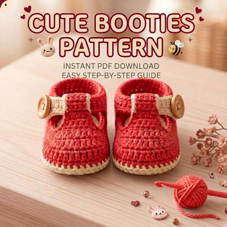 May include: Handmade red crochet baby booties with button fastenings and cream trim. The image features the text "CUTE BOOTIES PATTERN" and "INSTANT PDF DOWNLOAD EASY STEP-BY-STEP GUIDE".