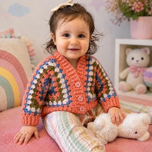 Könnte beinhalten: Ein korallfarbener, gehäkelter Baby-Cardigan mit einem quadratischen Muster in Weiß, Blau und Olivgrün. Der Cardigan hat drei blütenförmige Knöpfe. Das Baby trägt eine weiße Schleife und sitzt auf einer rosa Oberfläche.