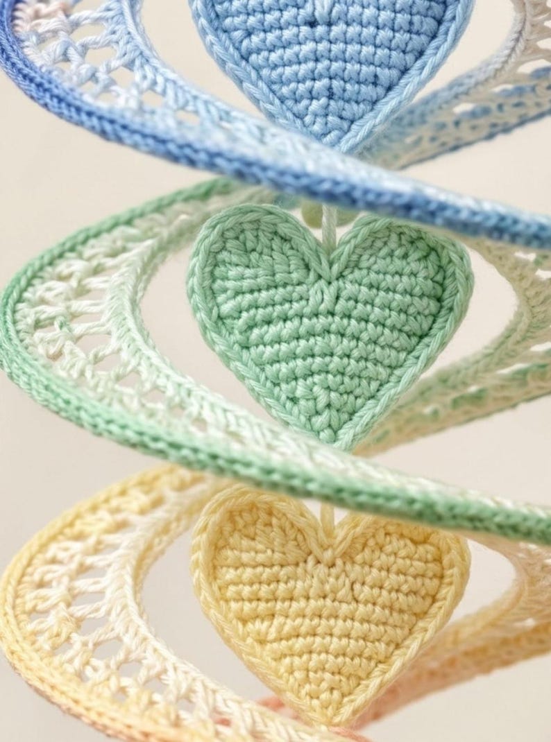 May include: A vertical spiral mobile featuring three crocheted hearts in pastel blue, mint green, and pale yellow. Each heart is attached to a crocheted ribbon with an intricate openwork lace pattern that transitions in color, creating a soft gradient effect.