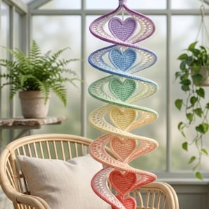 May include: A hanging spiral mobile featuring a series of crocheted hearts in a vertical gradient of colors including purple, blue, green, yellow, peach, and coral, with each heart connected by a white crocheted structure suspended from a metal hook.
