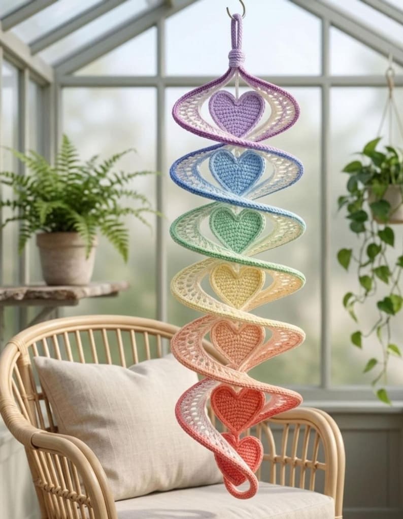 May include: A hanging spiral mobile featuring a series of crocheted hearts in a vertical gradient of colors including purple, blue, green, yellow, peach, and coral, with each heart connected by a white crocheted structure suspended from a metal hook.