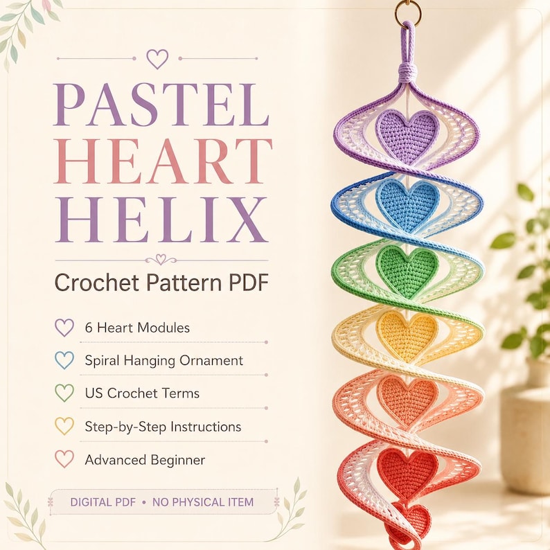 May include: A crochet pattern PDF titled PASTEL HEART HELIX featuring a spiral hanging ornament with six colorful heart modules in purple, blue, green, yellow, orange, and red. The text includes 6 Heart Modules, Spiral Hanging Ornament, US Crochet Terms, Step-by-Step Instructions, Advanced Beginner, and DIGITAL PDF - NO PHYSICAL ITEM.