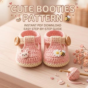 May include: Two pink crochet baby booties with button fastenings and bunny and bee decorations. The text "CUTE BOOTIES PATTERN" is displayed above the booties, with additional text below indicating an instant PDF download and easy step-by-step guide.