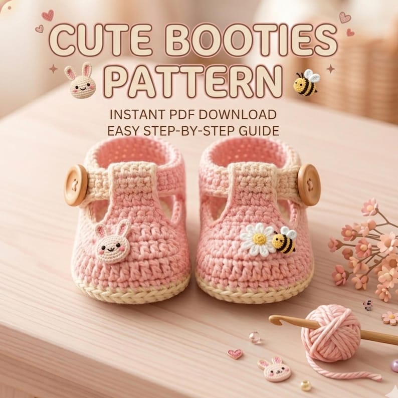 May include: Two pink crochet baby booties with button fastenings and bunny and bee decorations. The text "CUTE BOOTIES PATTERN" is displayed above the booties, with additional text below indicating an instant PDF download and easy step-by-step guide.