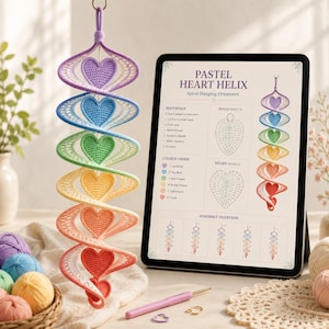 May include: A spiral hanging ornament featuring six crocheted hearts in a pastel rainbow gradient of lavender, blue, green, yellow, peach, and coral. A tablet displays the Pastel Heart Helix pattern instructions, alongside a pink crochet hook.