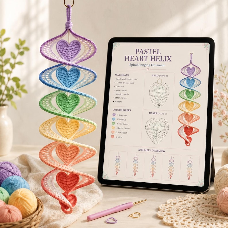 May include: A spiral hanging ornament featuring six crocheted hearts in a pastel rainbow gradient of lavender, blue, green, yellow, peach, and coral. A tablet displays the Pastel Heart Helix pattern instructions, alongside a pink crochet hook.