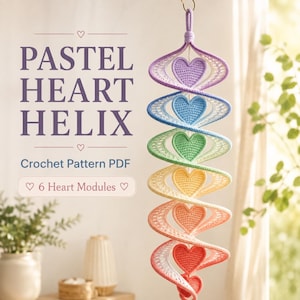 May include: A hanging crochet decoration featuring a vertical helix structure with six pastel-colored hearts in purple, blue, green, yellow, orange, and pink. The text reads: PASTEL HEART HELIX, Crochet Pattern PDF, 6 Heart Modules.
