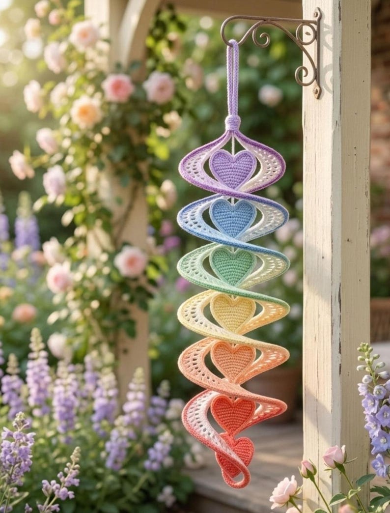 May include: A hanging spiral decoration made of crocheted yarn featuring a vertical sequence of seven hearts in a rainbow gradient of colors including purple, blue, green, yellow, orange, and red, suspended from a light purple yarn loop.