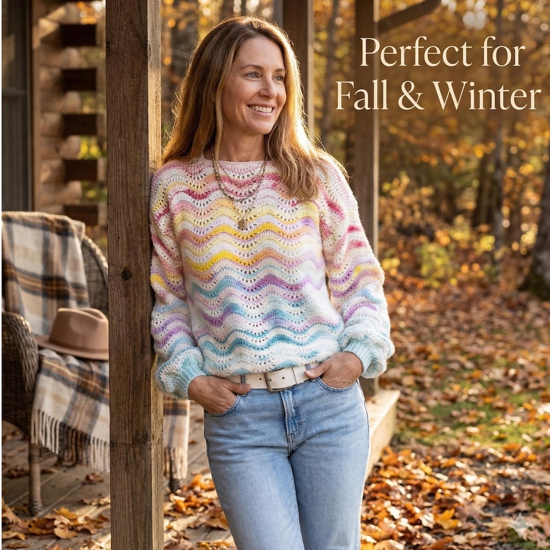 Boho Ripple Wave Crochet Sweater Pattern | Oversized Women Pullover (PDF Download)