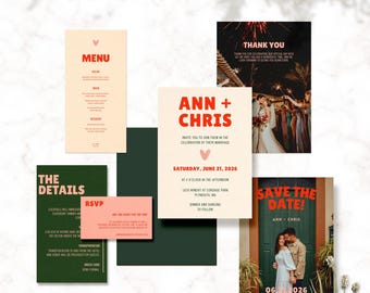 Bold Retro Full Digital Wedding Suite Template | Editable in Canva | Wedding Invitation Bundle