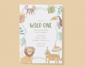 Wild One Birthday Invitation | Jungle Safari Animals (Digital Download)