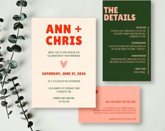 Bold Retro Mini Wedding Suite Template | Editable in Canva | Invitation, RSVP & Details