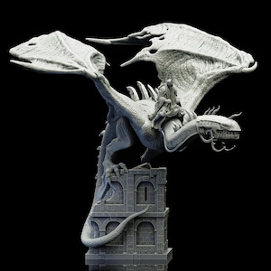 May include: A detailed gray dragon sculpture with a rider, perched atop a stone structure. The dragon has large, textured wings and a long tail. The sculpture is set against a black background.
