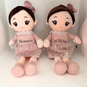 Personalised doll plush princess teddy baby doll name on dress lace child birthday Xmas super soft squishy brunette doll nursery decor gift