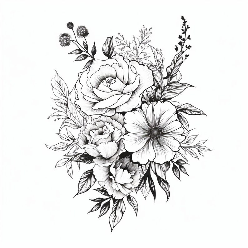 Flower Bouquet Tattoo Design Black and White Artful Flower Digital ...