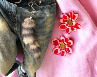 Fur Tail Keychain - Y2K Keychain, Adorable Fox & Racoon Design, Y2K Jean Charm, Bag Charm and Keys Holder, Perfect Couple Keyrings Gift