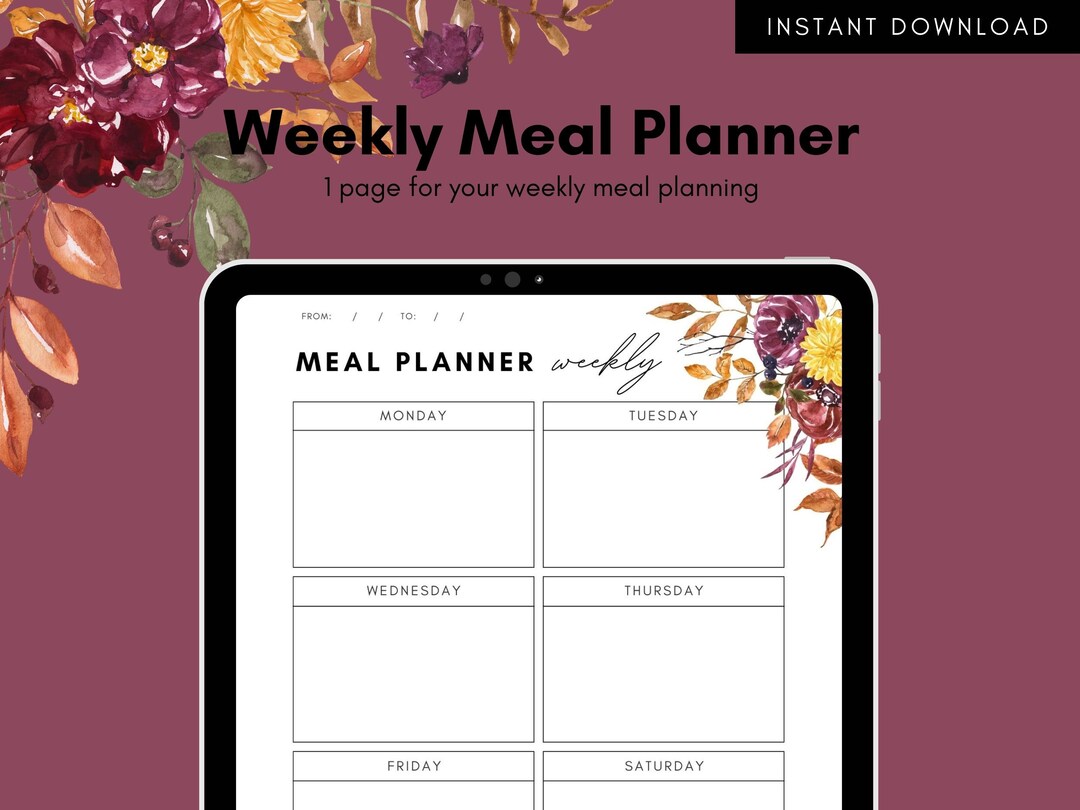 Fall Flowers Weekly Meal Planner Digital, Printable Organizer for ...