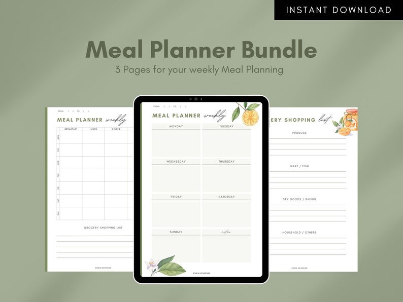 Orange Garden Meal Planner Bundle Digital, Printable Meal Planners and Grocery Lists A4 and US Letter Size image 1