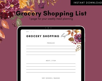 Fall Flowers Grocery Shopping List - Printable and Eco-Friendly Kitchen Organizer for Efficient Meal Planning - A4 and US Letter Size
