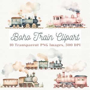 Imágenes prediseñadas de tren bohemio, imágenes prediseñadas de tren en acuarela, imágenes prediseñadas de tren de vapor, imágenes prediseñadas de baby shower, PNG de tren de vapor, impresión de tren linda, imágenes prediseñadas para niños
