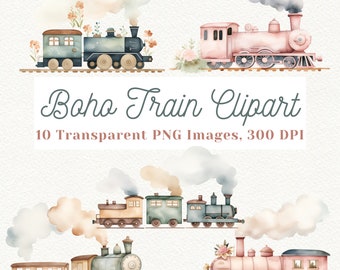 Boho Train Clipart, Train Watercolor Clipart, Steam Train Clipart, Baby Shower Clipart, Steam Train PNG, Cute Train Print, Clipart for Kids