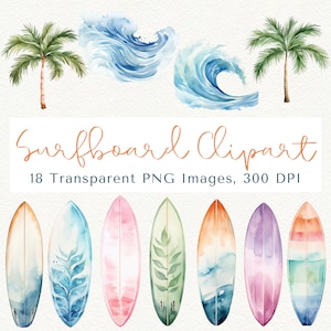 Surfboard Clipart, Beach Clipart, Watercolor Beach Waves, Surf Clipart Bundle, Surfboard PNG, Palm Trees Clipart, Ocean Clipart, Summer PNG