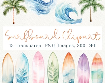 Watercolor Surfboard Clipart Bundle: Beach Waves, Palm Trees (PNG)