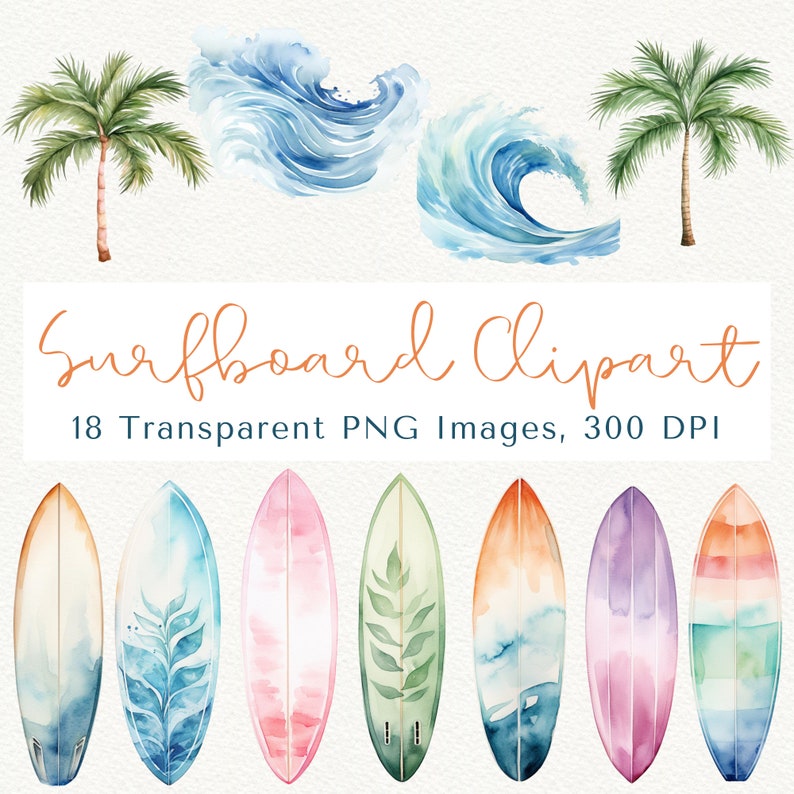May include: Set of 8 watercolor painted surfboard illustrations. The surfboards are in various colors, including blue, green, pink, and orange. Each surfboard has a unique design, including a palm leaf, a wave, and a stripe pattern.