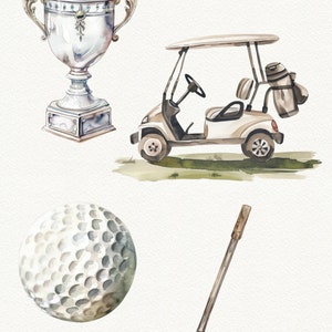 Puede incluir: Una ilustraci&oacute;n de acuarela de un juego de golf, que incluye un trofeo plateado, un carrito de golf, una pelota de golf y un palo de golf.