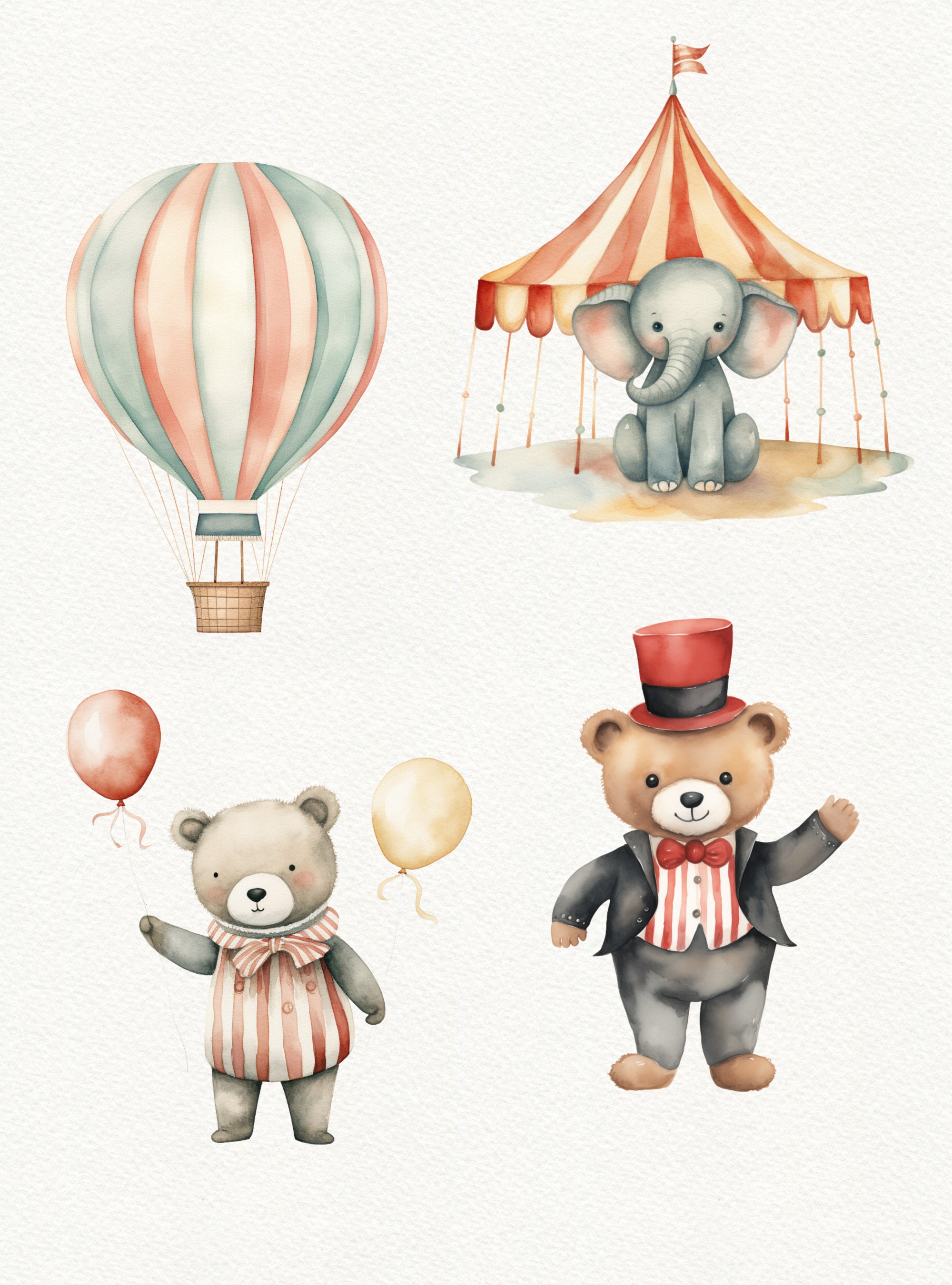 Watercolor Circus Clipart: Carnival Animals, Tent, and Balloons (PNG ...