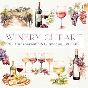 Watercolor Winery Clipart, Wine Glasses Clipart, Wine Barrel Clipart, Cocktail Clipart, Vineyard Clipart, Grapes PNG, Red Wine Clipart