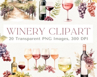 Watercolor Winery Clipart, Wine Glasses Clipart, Wine Barrel Clipart, Cocktail Clipart, Vineyard Clipart, Grapes PNG, Red Wine Clipart