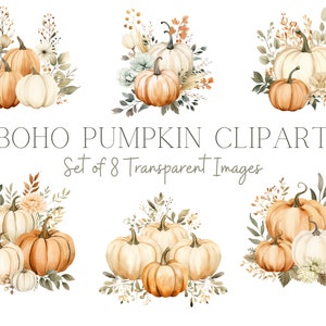 Clipart citrouille bohème, clipart automne, clipart Thanksgiving, citrouilles aquarelles, citrouilles florales, bordure citrouille bohème, clipart aquarelle