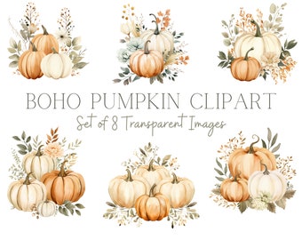 Boho Pumpkin Watercolor Clipart: Fall Thanksgiving Graphics (Digital Download)