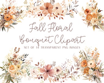 Aquarel herfst bloemen clipart: terracotta boeket en randen (PNG)