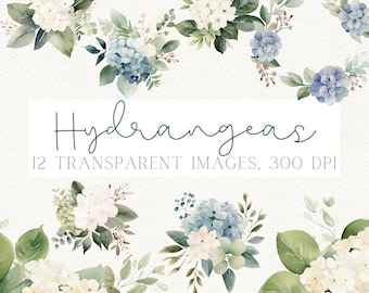 Watercolor Hydrangea Clipart: Blue & White Floral PNG (Digital Download)