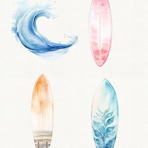 May include: Watercolor illustration of four surfboards. One surfboard is pink with white stripes, one is light brown with white stripes, one is blue with white and green leaves, and one is blue with white waves.