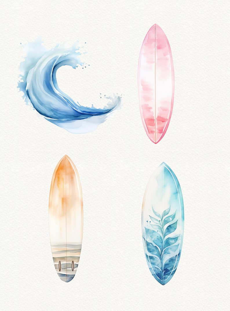 May include: Watercolor illustration of four surfboards. One surfboard is pink with white stripes, one is light brown with white stripes, one is blue with white and green leaves, and one is blue with white waves.