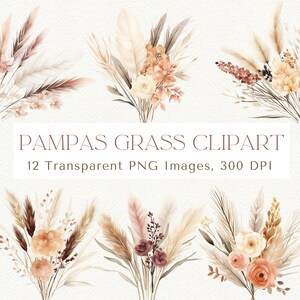 Clipart erba di pampa, erba di pampa acquerello e bouquet floreale, clipart floreale Boho, clipart di pampa, clipart floreale neutro matrimonio floreale