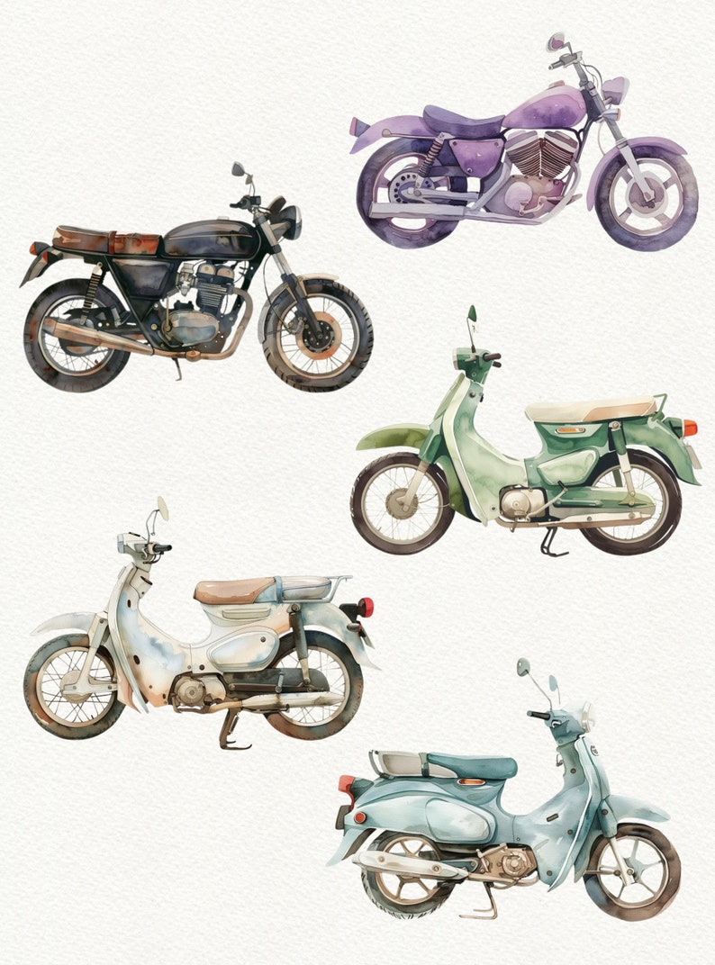 Pu&ograve; includere: Una collezione di cinque motociclette vintage in vari colori, tra cui viola, nero, verde e blu. Le motociclette sono tutte in stili diversi, che vanno dai cruiser classici ai scooter moderni.