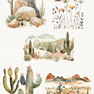 May include: A set of watercolour illustrations featuring various desert plants, including cacti, succulents, and wildflowers. The illustrations are perfect for adding a touch of nature to your designs.