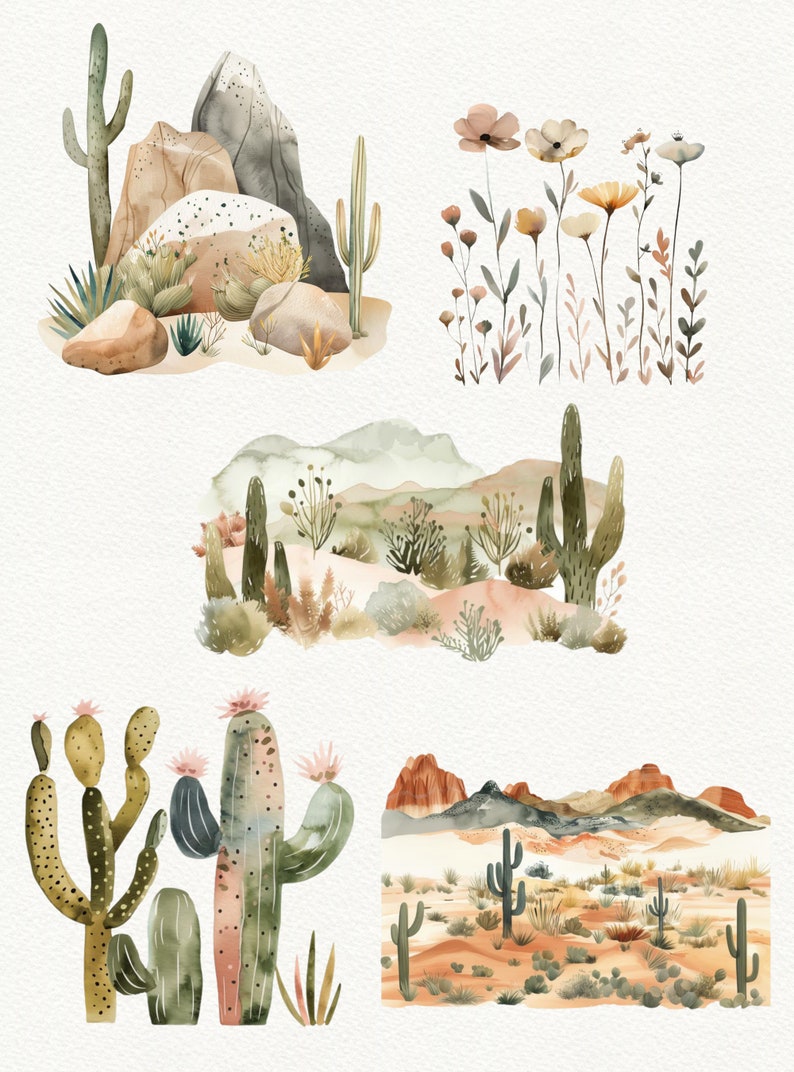 May include: A set of watercolour illustrations featuring various desert plants, including cacti, succulents, and wildflowers. The illustrations are perfect for adding a touch of nature to your designs.