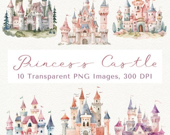Prinzessin Schloss Clipart: Aquarell PNG Bilder (Digitaler Download)