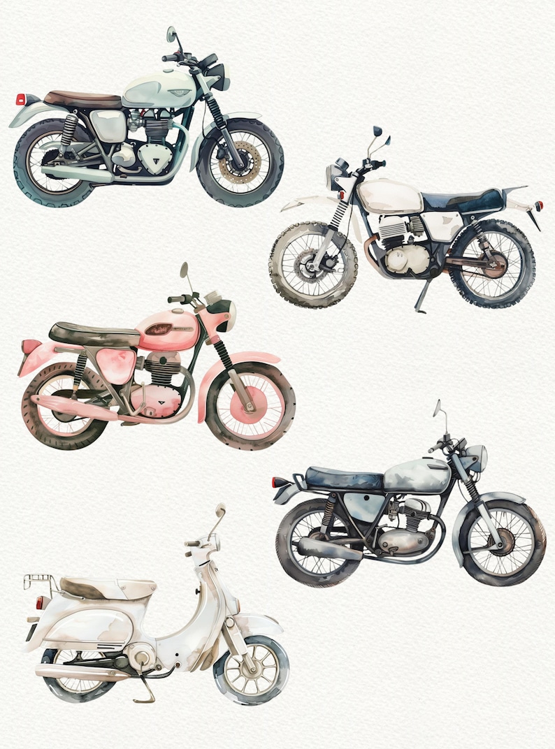 Pu&ograve; includere: Cinque motociclette vintage e uno scooter di vari colori, tra cui bianco, rosa e grigio, sono disposti su uno sfondo bianco. Le motociclette hanno stili diversi, tra cui una classica cafe racer, una scrambler e una motocicletta standard.