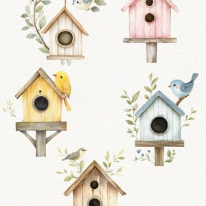 May include: Five watercolor birdhouses with different colors and designs. Each birdhouse has a small opening for birds to enter. Some birdhouses have birds perched on top or near them.
